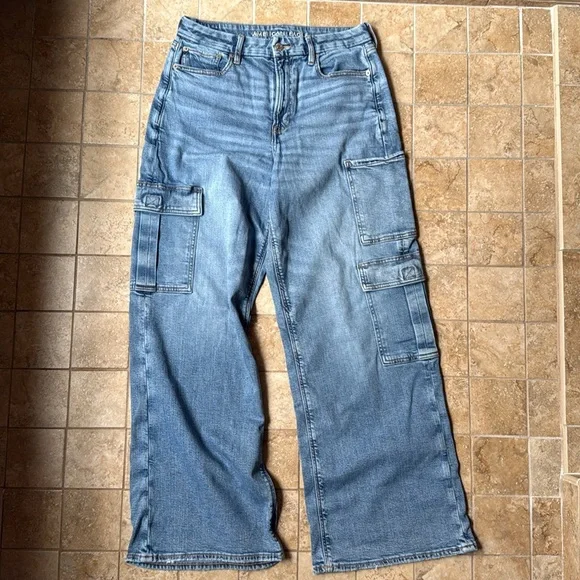 American Eagle Dreamy Drape Curvy Super High-Rise Baggy Wide Leg Jeans EUC Sz 10 - Picture 2 of 14